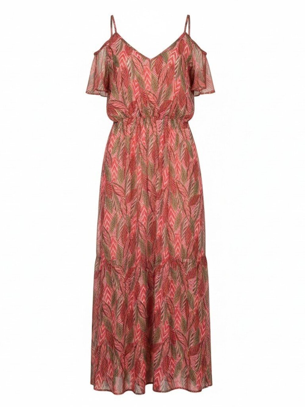 Charming Charlie XL Coral Leaf Print Cold Shoulder Maxi Dress Boho